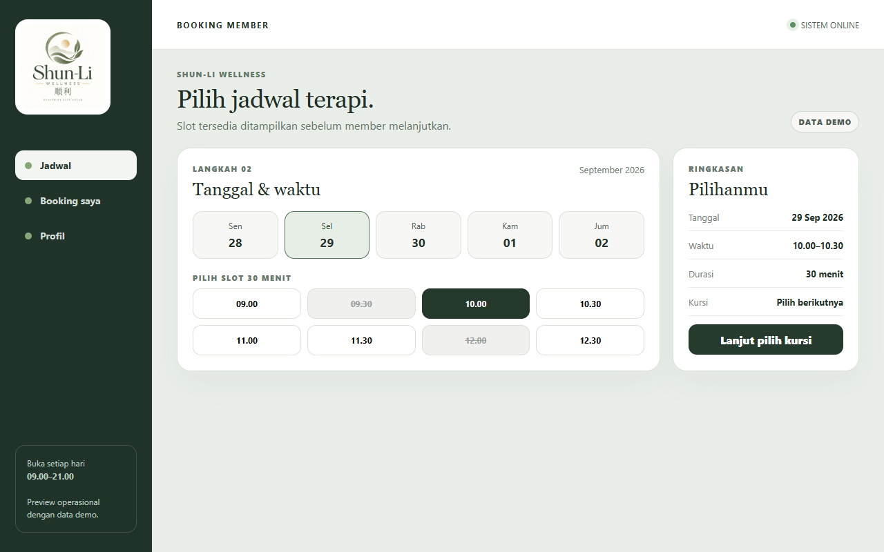 Tampilan Shun-Li untuk memilih tanggal dan slot terapi yang masih tersedia