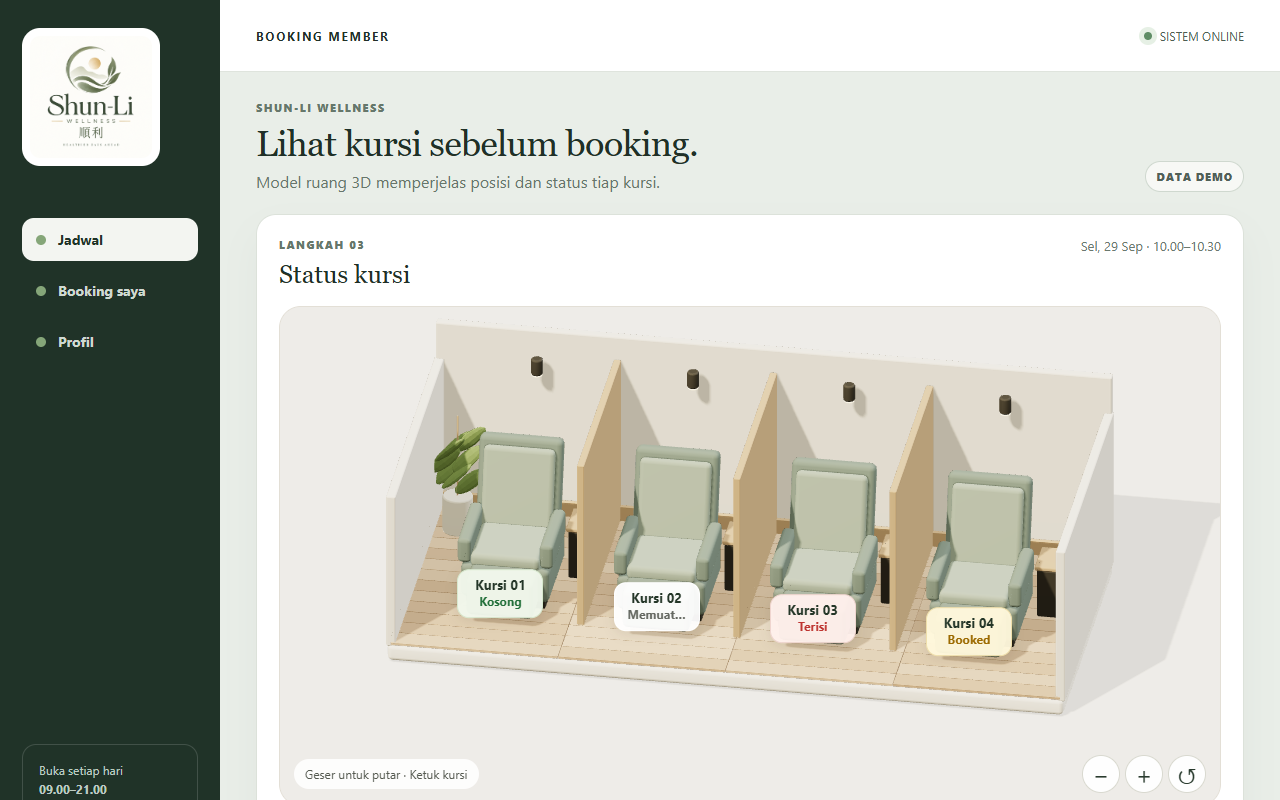 Model ruang 3D Shun-Li dengan empat kursi dan label status ketersediaan